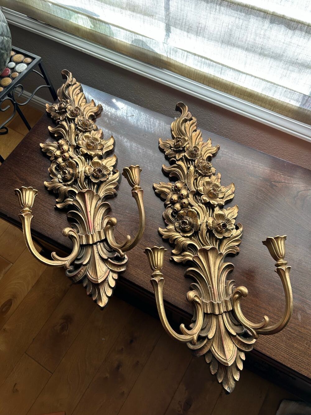 2 vintage 1970s Syroco #4133 two-arm gold floral wall sconces Hollywood Regency